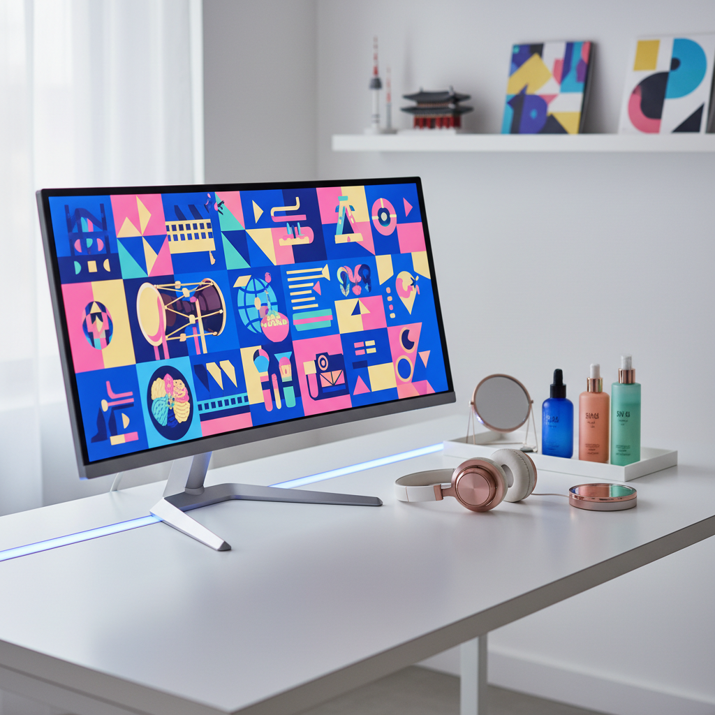 A high-resolution photographic still life of a minimalist white desk set up for K-Culture content creation. At the center, an ultra-wide curved monitor displays a vibrant, abstract collage of Korean music, film, beauty, food, and travel icons, all designed without text or human figures. Beside it, wireless headphones with metallic rose-gold accents rest next to a sleek mirror compact and a small tray of vividly colored Korean skincare bottles. In the background, a blurred wall shelf holds model Korean landmarks and stylized album covers. Soft daylight from a nearby window mixes with a cool LED strip under the desk, creating balanced, modern lighting. Shot at eye level with moderate depth of field, the mood is organized, creative, and boldly professional, ideal for a Latin American K-Culture newsroom vibe.