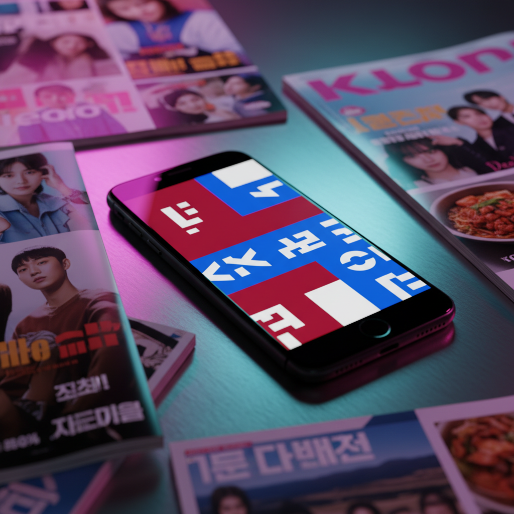 A dramatic photographic close-up of a glossy black smartphone lying on a sleek metal desk, its screen filled with a vivid Korean news portal interface featuring bold blocks of red, blue, and white, abstractly suggesting headlines and K-culture categories without readable text. Around the phone, scattered glossy magazines about K-pop, Korean cinema, beauty, travel, and food create colorful reflections on the surface. Neon-style LED accent lighting in magenta and cyan washes across the scene, casting sharp, dynamic highlights and shadows. Shot from a slightly elevated angle with shallow depth of field, the phone is in crisp focus while the background blurs into soft bokeh lights, evoking a fast-paced, energetic atmosphere perfect for a bold Korean culture news blog homepage.