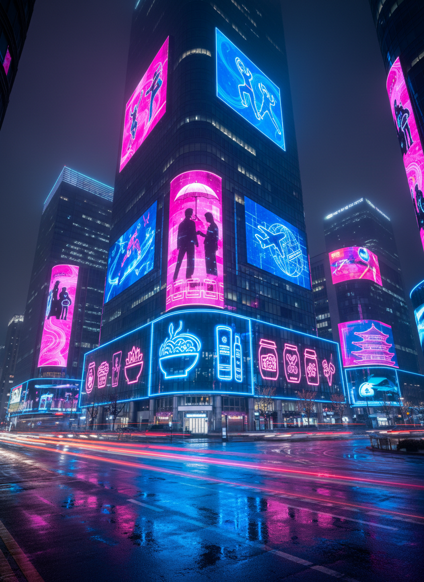 A wide photographic shot of a nighttime Seoul-inspired cityscape, filled with towering glass buildings covered in abstract, text-free digital billboards glowing in hot pink, electric blue, and violet, each billboard hinting at K-pop, K-dramas, beauty products, food, and travel through striking icons and silhouettes. The wet pavement below reflects the neon lights like liquid color, while sleek, driverless cars streak by as elongated light trails. The scene is captured from street level with a slightly low angle, emphasizing the scale and energy. Soft mist diffuses some of the neon glow, adding a cinematic, futuristic mood. The composition uses leading lines and crisp photographic realism to convey a bold, urban pulse that matches a cutting-edge K-Culture news site.