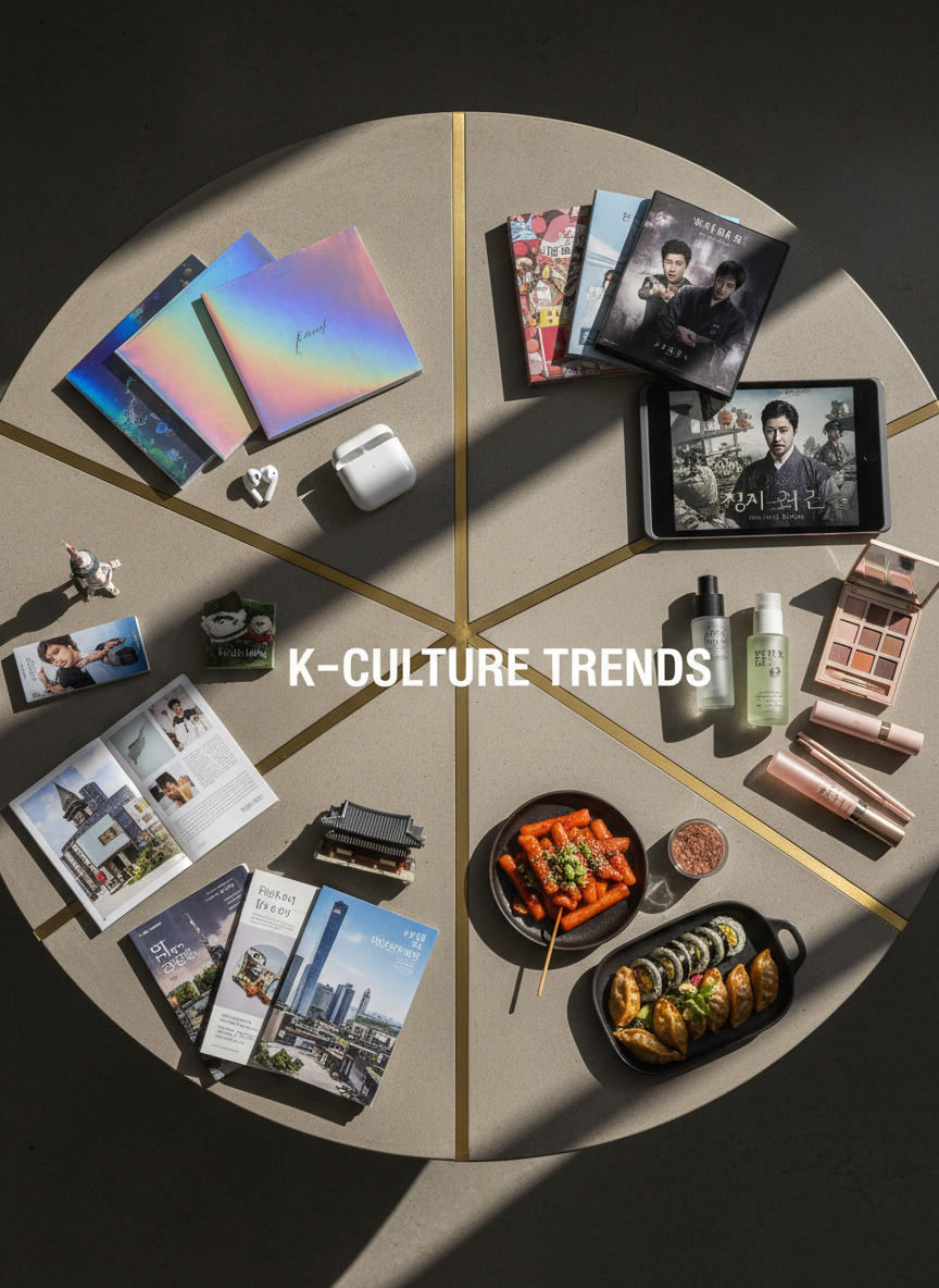 A vibrant photographic overhead shot of a polished concrete table divided into five distinct sections, each dedicated to a K-Culture theme. One quadrant displays colorful K-pop style albums and sleek wireless earbuds; another shows stacked Korean drama Blu-ray cases and a minimalist tablet with a cinematic interface; a third holds elegant frosted-glass K-beauty bottles and palettes; the fourth presents artfully plated Korean street food like tteokbokki and gimbap; the last features miniature models of iconic Korean landmarks and travel guides. Strong directional studio lighting from one side creates bold shadows and bright highlights, enhancing textures and colors. The composition is perfectly organized with clean lines and sharp focus throughout, conveying a bold, editorial mood suitable for a category overview image on a Korean culture trends blog.