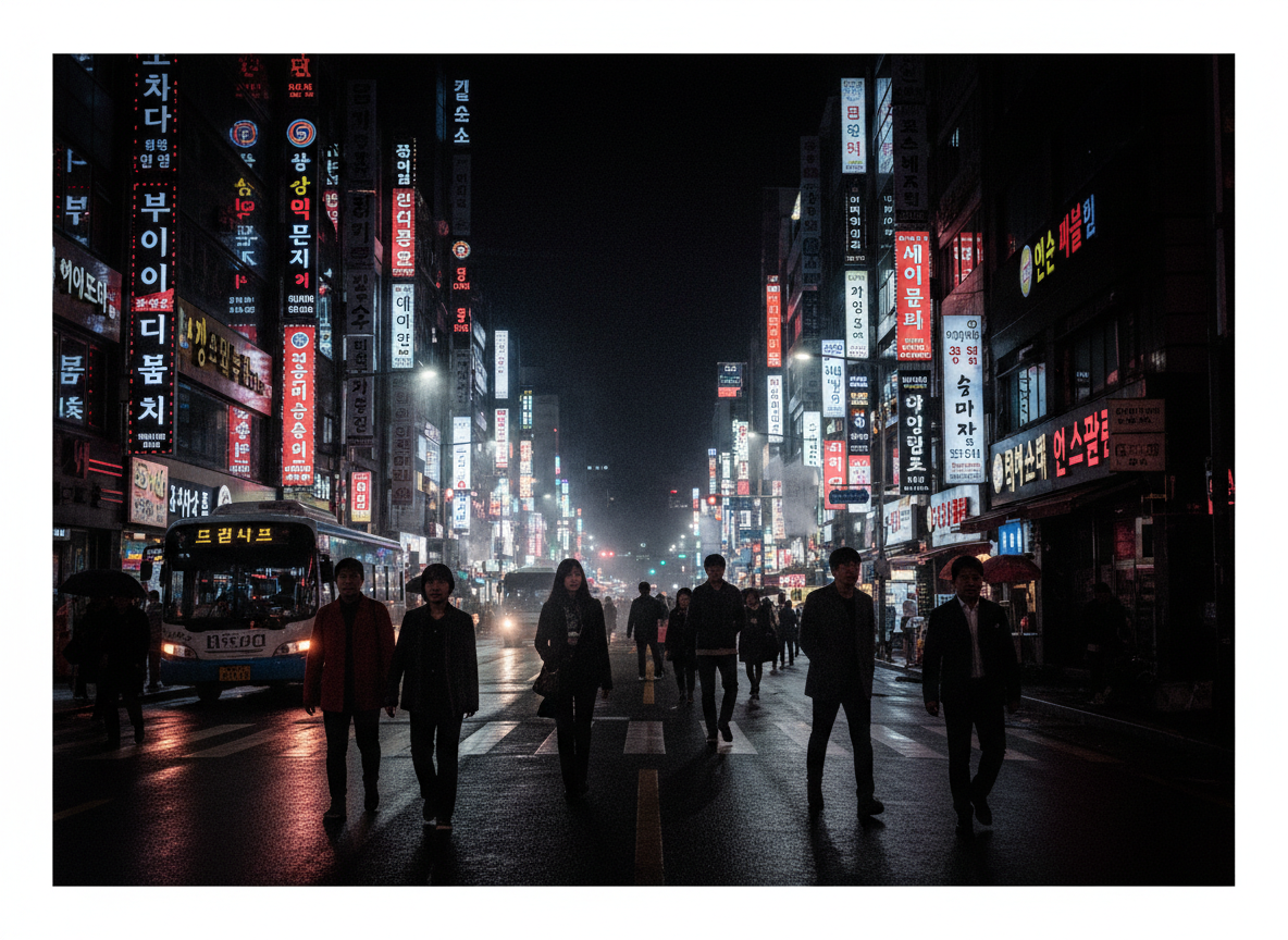 Bold high-contrast editorial photograph of a vibrant Seoul city street at night, neon signage in Korean, dramatic red and white lighting against deep black shadows