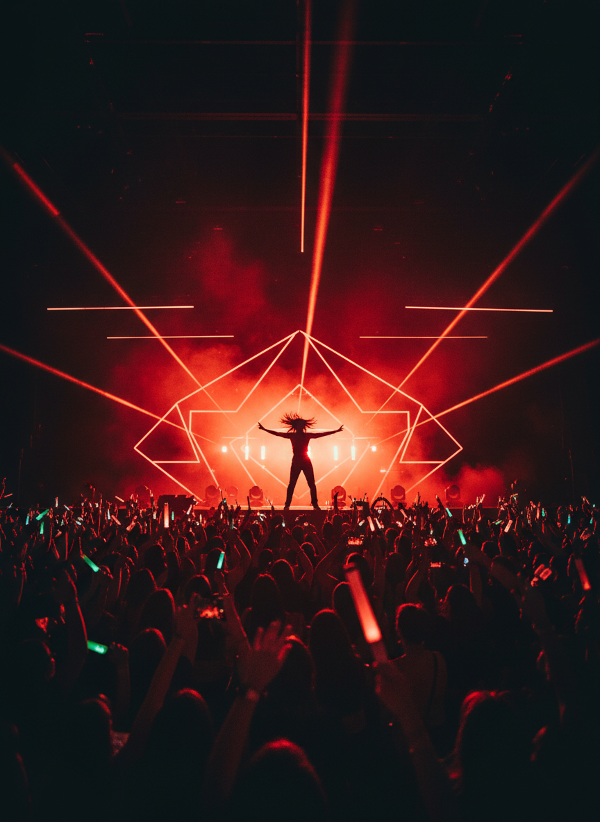 Dynamic concert photograph of a Korean pop performance, artist silhouette against intense red stage lights and dramatic black background