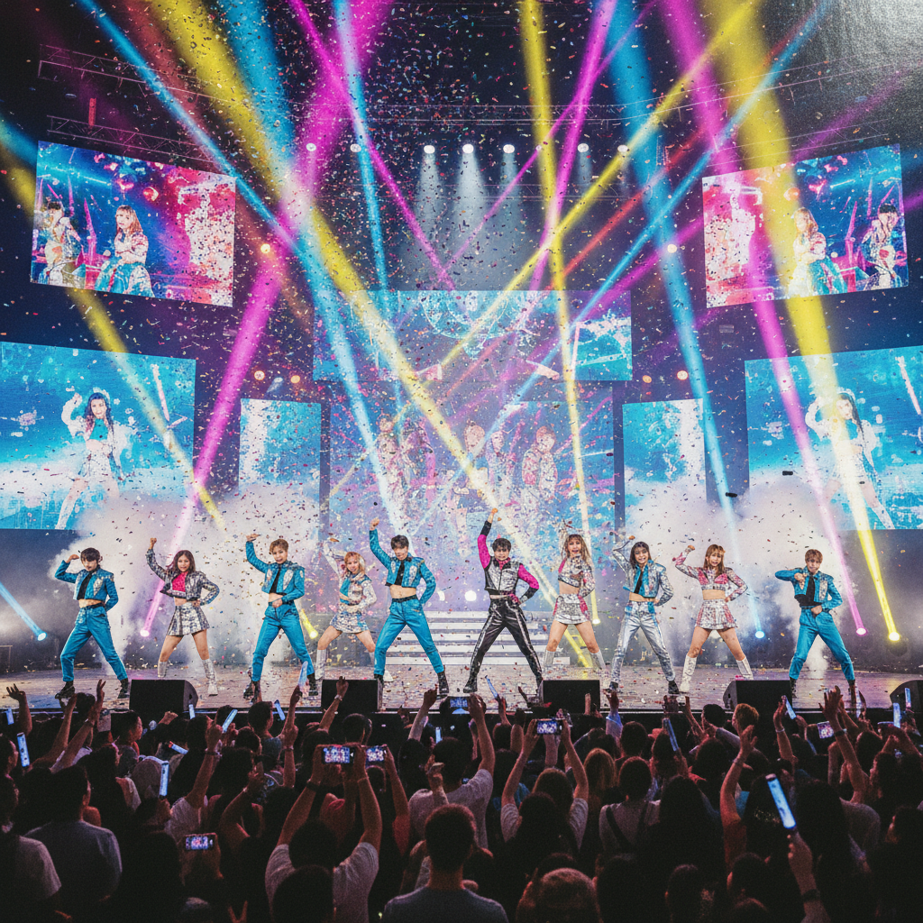 High energy Korean K-Pop concert stage performance, colorful dynamic lighting, idol group dancing on stage, vibrant crowd, confetti, spectacular visual production, magazine editorial style, bright and vivid colors