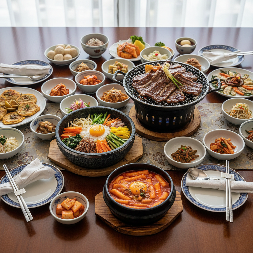 Beautiful Korean food spread, bibimbap, tteokbokki, Korean BBQ, kimchi, colorful traditional Korean dishes on elegant table setting, appetizing food photography, bright and vibrant colors, magazine editorial style