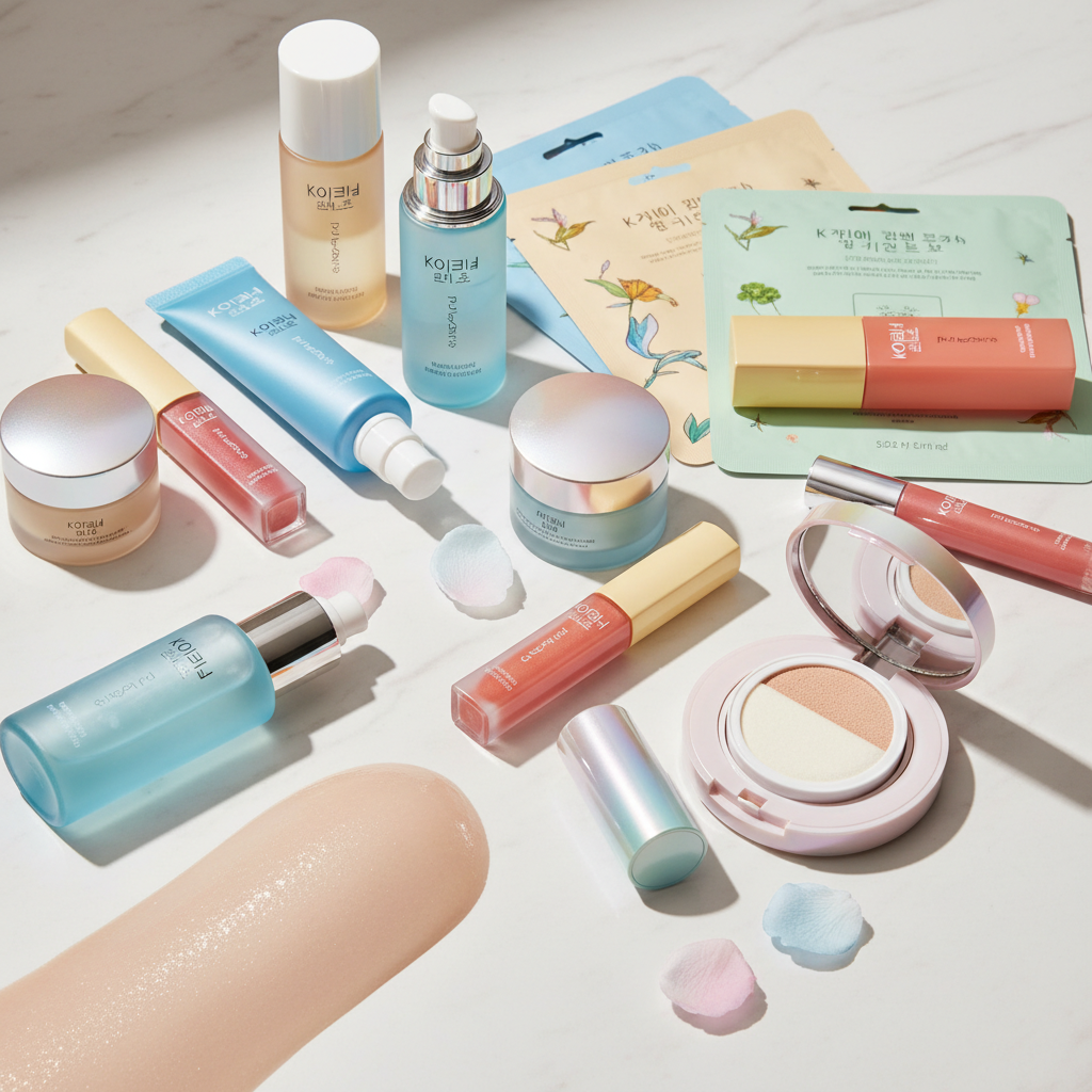 Korean beauty skincare and makeup products, elegant K-Beauty cosmetics flatlay, glass skin close-up, colorful Korean beauty products, serums, sheet masks, vibrant packaging, clean minimal aesthetic, bright and fresh editorial magazine style photography